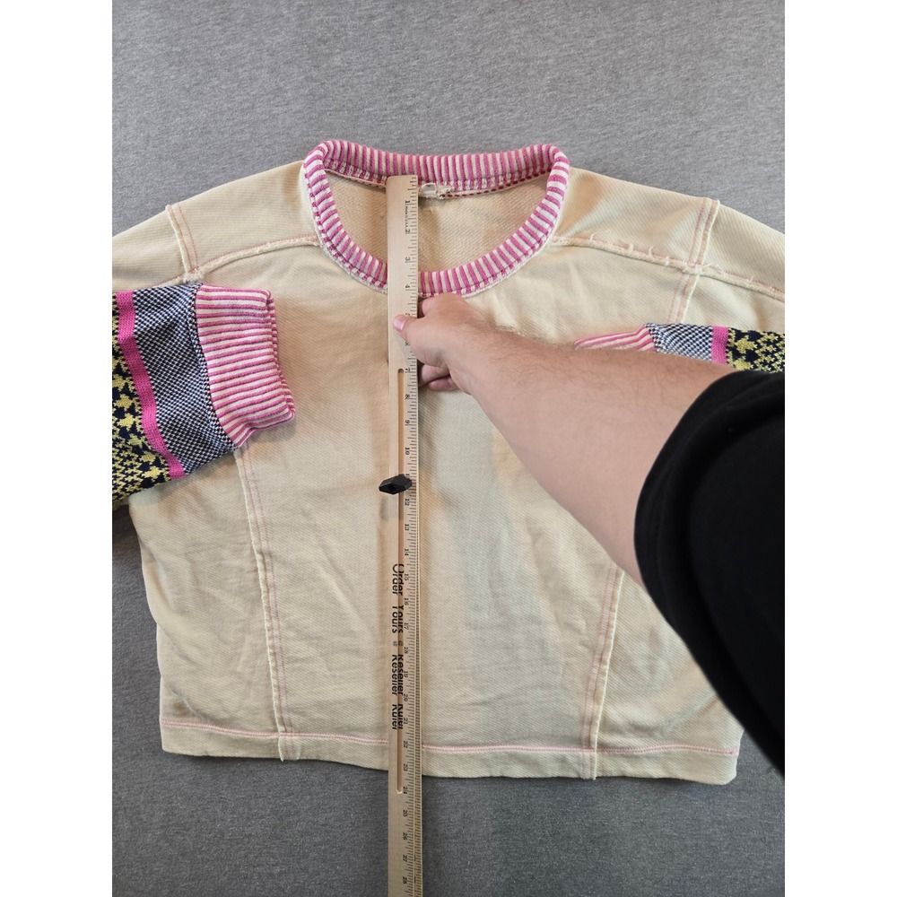 Pilcro Sweatshirt Womens Large Cream Pink Fair Isle Mixed Media Sleeve Oversized - Picture 8 of 10